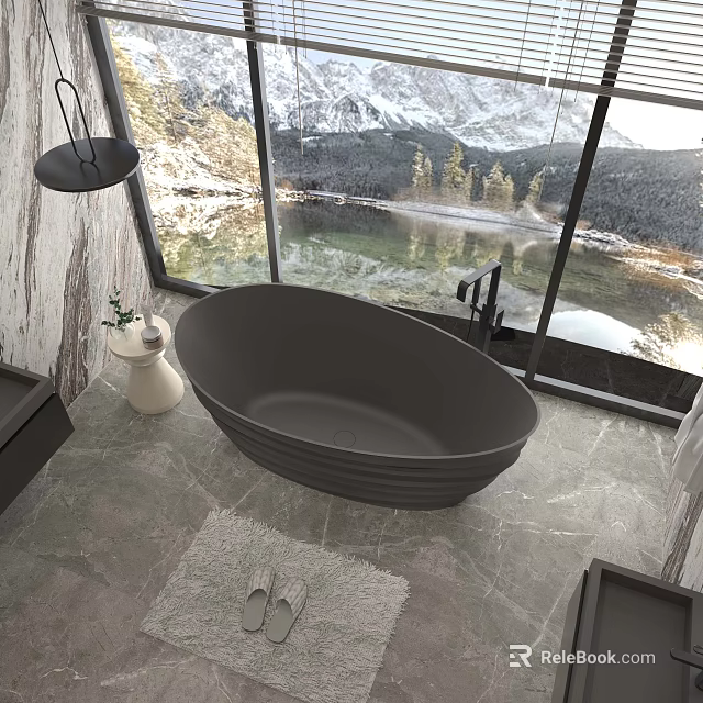 Modern Bathroom Interior With Freestanding Black Bath And Mountain Lake View Through Large Window 3d model 