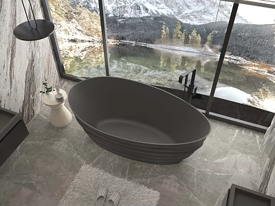 Modern Bathroom Interior With Freestanding Black Bath And Mountain Lake View Through Large Window 3d model