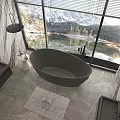 Modern Bathroom Interior With Freestanding Black Bath And Mountain Lake View Through Large Window