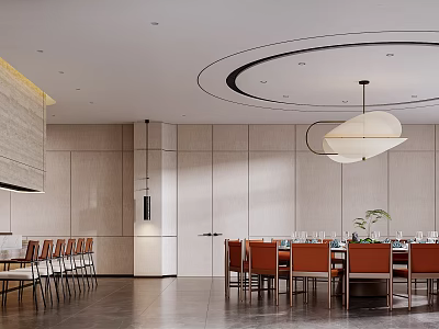 Modern Private Dining Room Interior With Orange Chairs And Chandelier 3d model