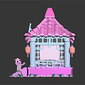 Cute Japanese Style Pink Pavilion with Red Lanterns Family Sign and Green Plants