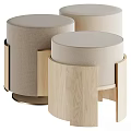 Modern Round Ottoman Stools with Beige Fabric Seats and Wooden Legs Design