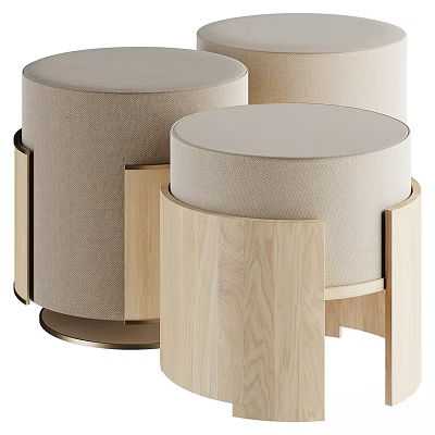 Modern Round Ottoman Stools with Beige Fabric Seats and Wooden Legs Design 3d model