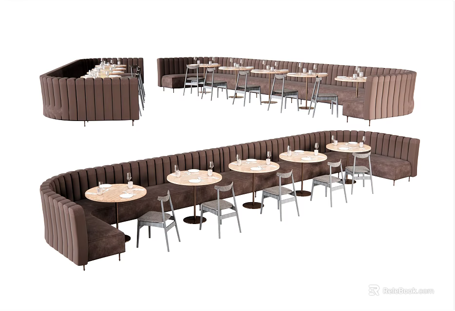 Public Seating With Brown Booth And Round Tables In Restaurant Dining Setup 3d model 