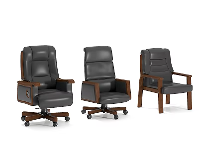 Three Dark Leather Office Chairs Including Swivel And Fixed With Wooden Arms 3d model