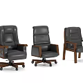 Three Dark Leather Office Chairs Including Swivel And Fixed With Wooden Arms