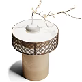 Elegant Wooden Side Table With Metal Grid Design Round Tabletop And Decorative Branches