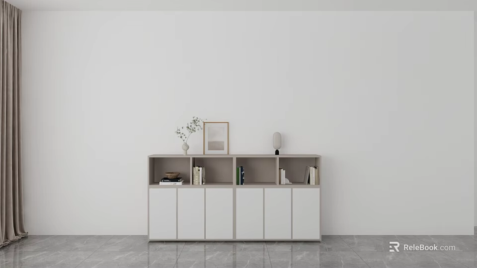 Modern Entryway Sideboard Cabinet With White Finish Vase Photo Frame And Lamp Decor 3d model