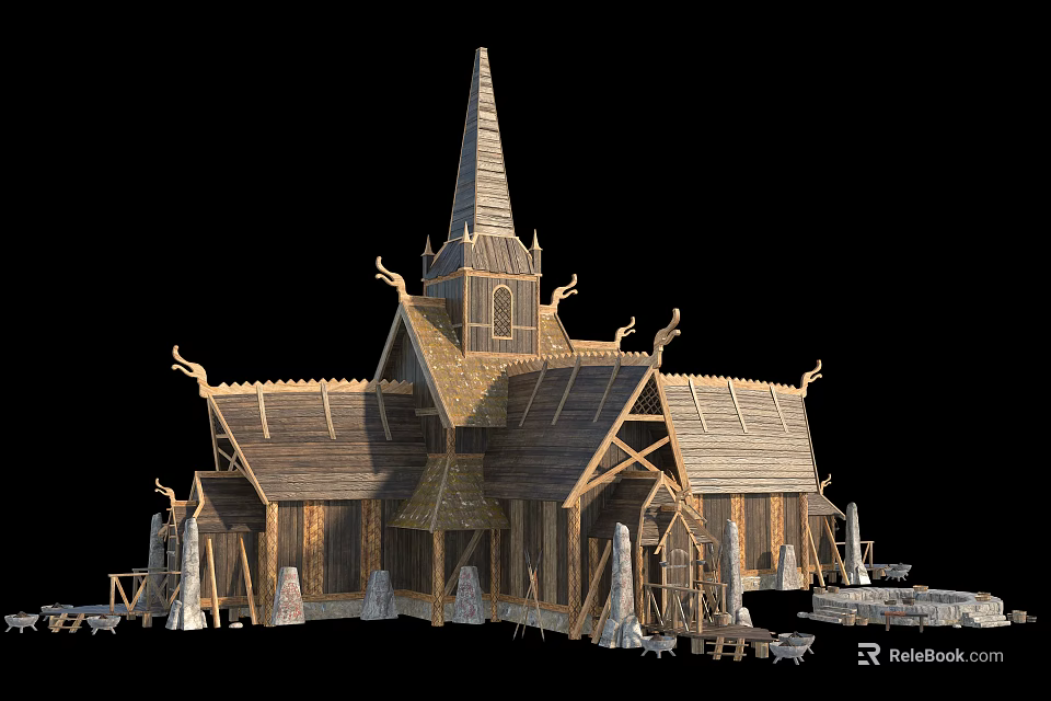 Traditional Nordic Wooden House With Detailed Steeple Carvings And Stone Pillars 3d model 