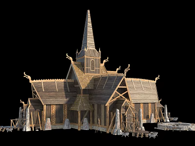 Traditional Nordic Wooden House With Detailed Steeple Carvings And Stone Pillars 3d model