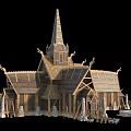 Traditional Nordic Wooden House With Detailed Steeple Carvings And Stone Pillars
