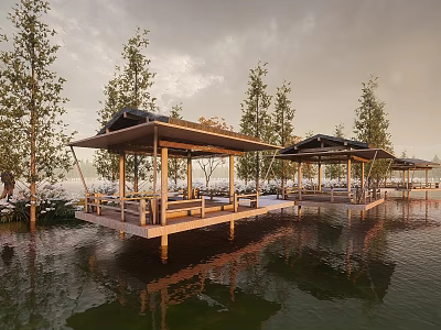 Wooden Pavilions on Water With Surrounding Trees and Calm Natural Reflections 3d model