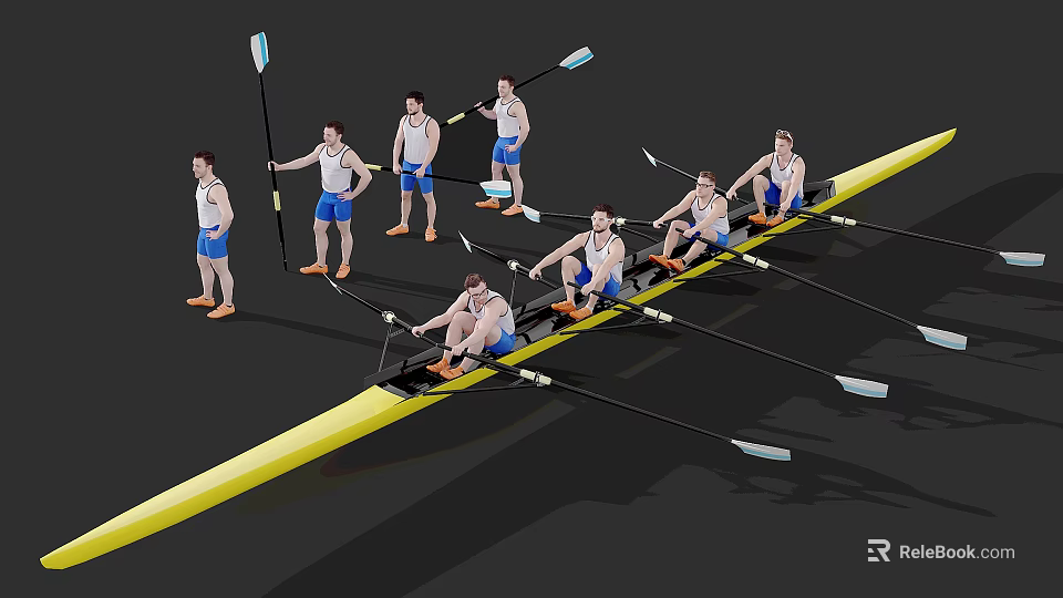 Team of Rowers in Yellow Racing Boat with Oars and Uniforms 3d model 