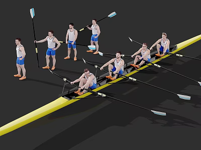 Team of Rowers in Yellow Racing Boat with Oars and Uniforms 3d model