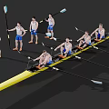 Team of Rowers in Yellow Racing Boat with Oars and Uniforms