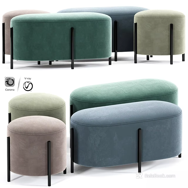 Modern Upholstered Ottoman Benches In Green Blue And Beige With Black Metal Legs 3d model 