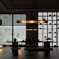 Traditional Modern Tea Room Interior With Bamboo Screens Tea Sets Display And Warm Lighting