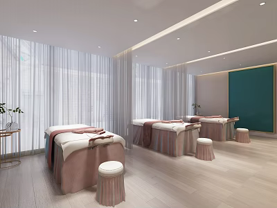 Modern Beauty Salon Interior Featuring Pink Curtains Green Accent Wall Wooden Floors And Beauty Beds 3d model