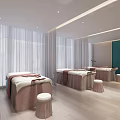 Modern Beauty Salon Interior Featuring Pink Curtains Green Accent Wall Wooden Floors And Beauty Beds