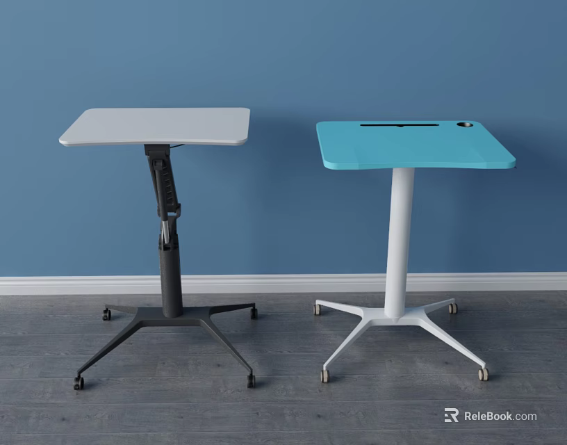 Functional Mobile Desks with Adjustable Height and Wheels White Blue Tabletops Gray White Frames 3d model