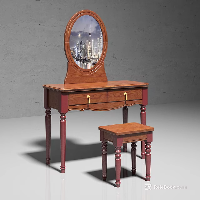 Wooden Dressing Table With Brown Red Finish Oval Mirror City View And Matching Stool 3d model 