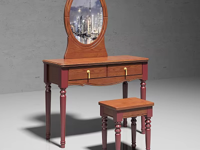 Wooden Dressing Table With Brown Red Finish Oval Mirror City View And Matching Stool 3d model