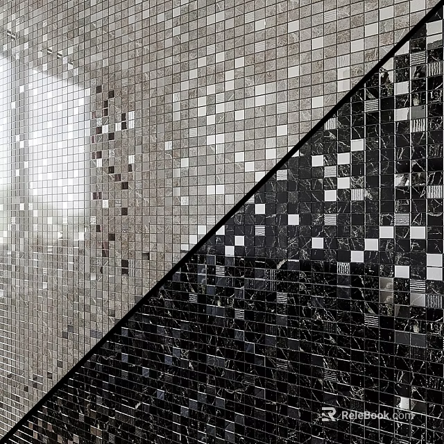Modern Backdrop Wall Design With Silver Black White Mosaic Tiles And Reflective Geometric Pattern 3d model 