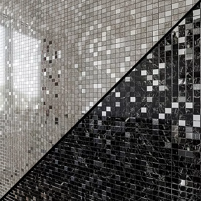 Modern Backdrop Wall Design With Silver Black White Mosaic Tiles And Reflective Geometric Pattern 3d model