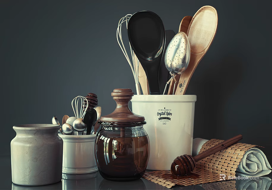 Essential Cooking Utensils Wooden Spoons Whisk In White Container Glass Jar Honey Dipper Storage Jars 3d model 