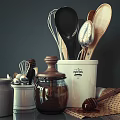 Essential Cooking Utensils Wooden Spoons Whisk In White Container Glass Jar Honey Dipper Storage Jars
