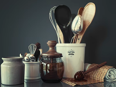 Essential Cooking Utensils Wooden Spoons Whisk In White Container Glass Jar Honey Dipper Storage Jars 3d model