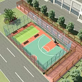 Outdoor Basketball Court Facility Including Fence Light Poles And Building