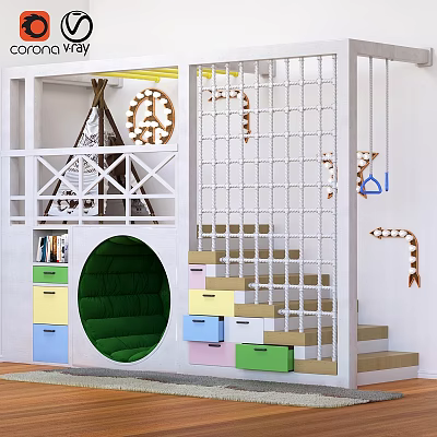 Multifunctional Children's Bed With Climbing Grid Colorful Drawers Stairs And Teepee 3d model