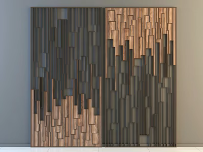 Modern Wooden Room Divider with Layered Slats and Geometric Design 3d model