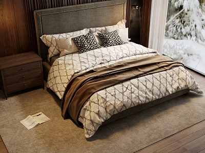 Double Bed With Textured Headboard Geometric Pillows Brown Throw And Snowy Window View 3d model