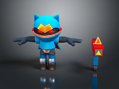 Blue Cat Ears Game Character In Armor With Red Eyes Cape And Red Yellow Device 3d model