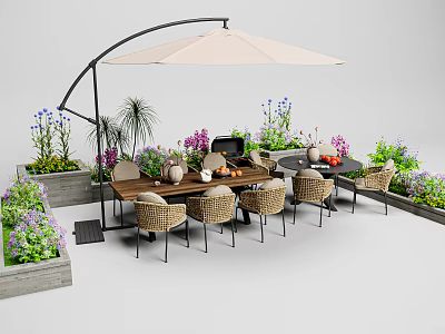 Outdoor Table And Chair Set With Patio Umbrella Surrounded By Colorful Plants And Outdoor Grill 3d model
