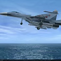 Military Fighter Jet Flying Over the Ocean Under Blue Sky with Clouds