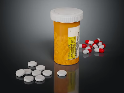 Yellow Pill Bottle With White Cap And Scattered White Pills Red And White Capsules 3d model