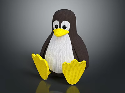 Cute Knitted Penguin Doll With Dark Brown Body White Belly And Yellow Beak And Feet 3d model