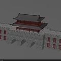 Ancient Architecture City Gate Tower With Gray Stone Walls Red Windows And Traditional Roof