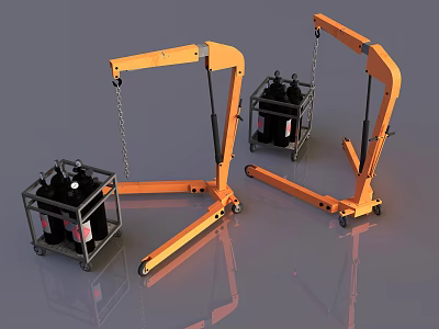 Orange Industrial Lifting Equipment with Metal Frame Chains Hooks and Wheels and Black Accessory Boxes 3d model