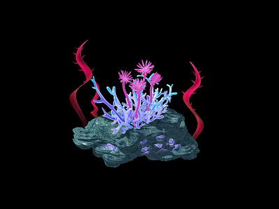 Cartoon Underwater Scene With Green Rock Colorful Coral And Red Seaweed 3d model