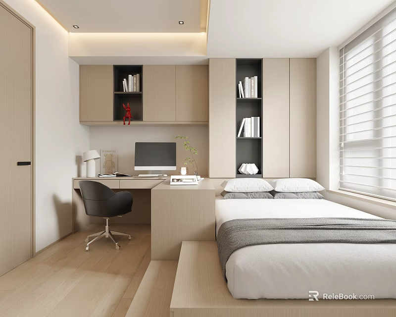 Modern Minimalist Tatami Bedroom With Desk Computer Bookshelves And Window Blinds 3d model 