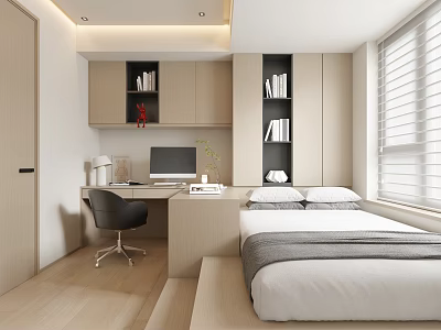 Modern Minimalist Tatami Bedroom With Desk Computer Bookshelves And Window Blinds 3d model