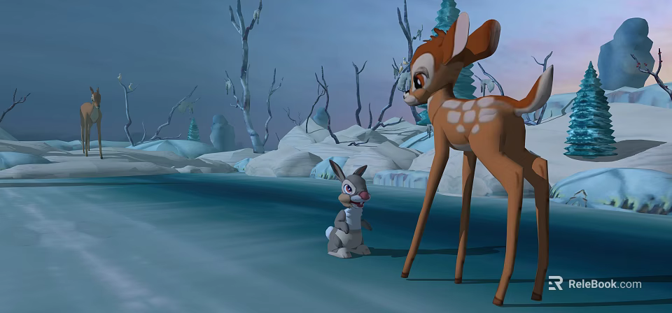 Cute Young Deer and Small Rabbit in Snowy Winter Landscape with Bare Trees 3d model 