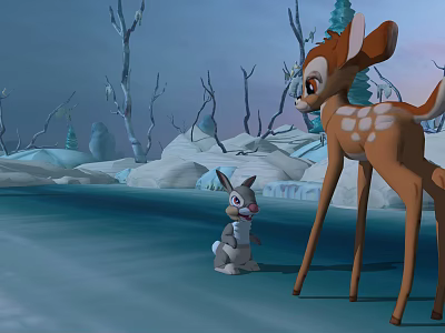 Cute Young Deer and Small Rabbit in Snowy Winter Landscape with Bare Trees 3d model