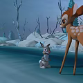 Cute Young Deer and Small Rabbit in Snowy Winter Landscape with Bare Trees