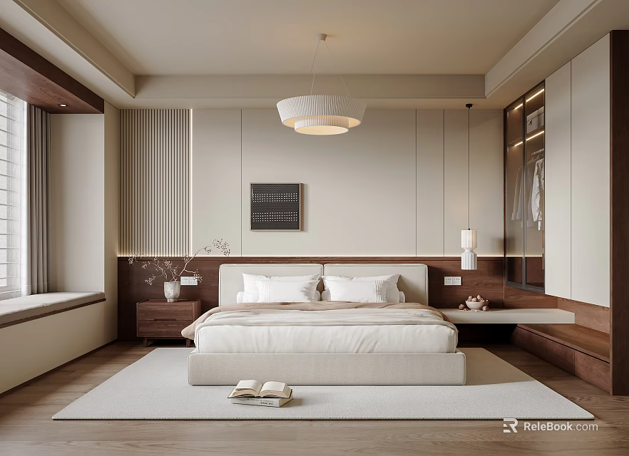 Modern Bedroom Interior With Wooden Headboard White Bedding Wooden Flooring And Pendant Light 3d model 