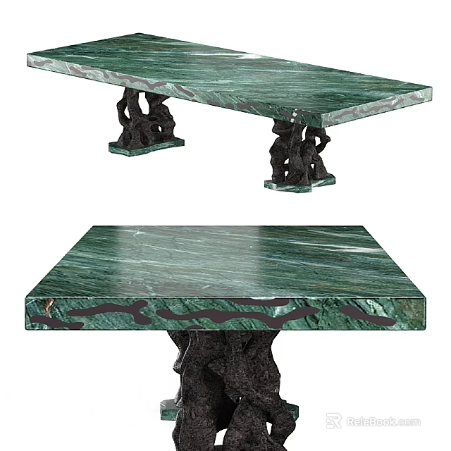 Elegant Sofa Coffee Table Set Featuring Green Marble Top And Black Carved Base Design 3d model 
